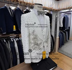 Sparkly Beaded Men Suits 3 Pieces Luxury Jewelry Bridegroom Groom Tuxedos Male Bespoke Prom Blazer Slim Fit trajes para hombre