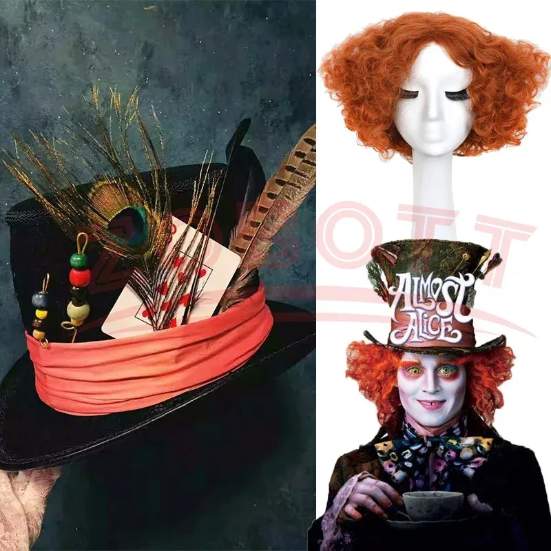 

Mad Hatter Cosplay Wigs Short Orange Red Curly Wig Alice in Wonderland 2 Halloween Carnival Party Cosplay And Hats