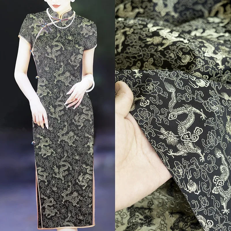 

Black and gold high-density jacquard fabric Chinese-style brocade wide dragon pattern coat performance costume design
