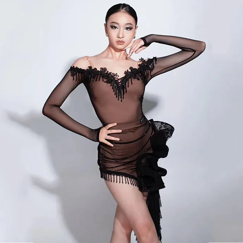 

Latin Dance Competition Dress Women Black Lace Long Sleeves Cha Cha Rumba Dance Performance Clothes Prom Stage Dress DNV21245