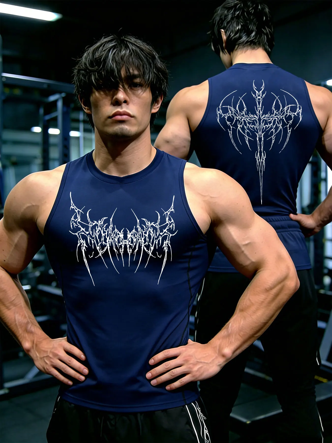 Summer Men's Y2K Gothic Print Gym Tank Top Slim Fit Quick Dry Sleeveless Fitness Shirt Streetwear Bodybuilding Vest