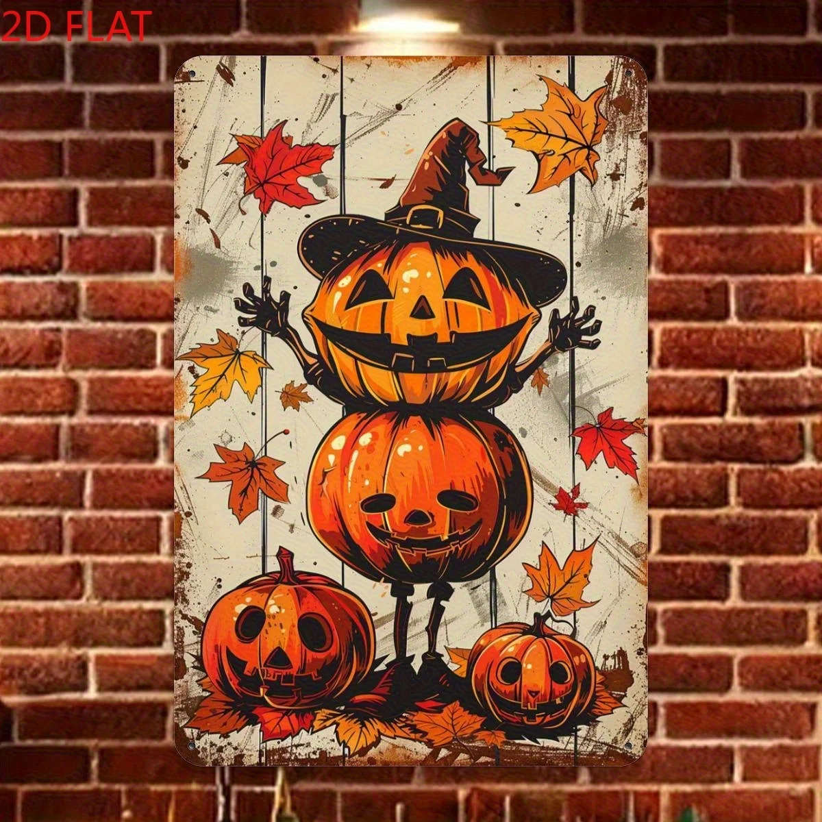 Halloween Pumpkin Tin Sign - Rustic Wrought Iron Wall Art with Jack-O'-Lanterns, Autumn Leaves & Fall Colors - Durable Indoor/O