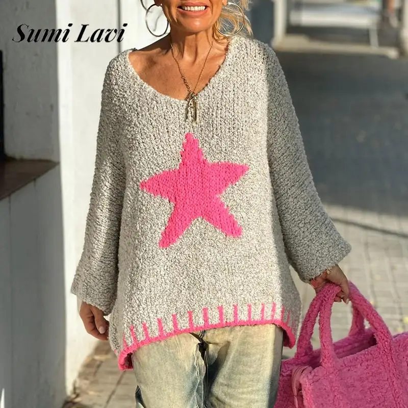 Fall Women Sexy V-neck Long Sleeve Loose Jumper Top Winter Elegant Patchwork Sweater Fashion Star Pattern Print Pullover Knitted