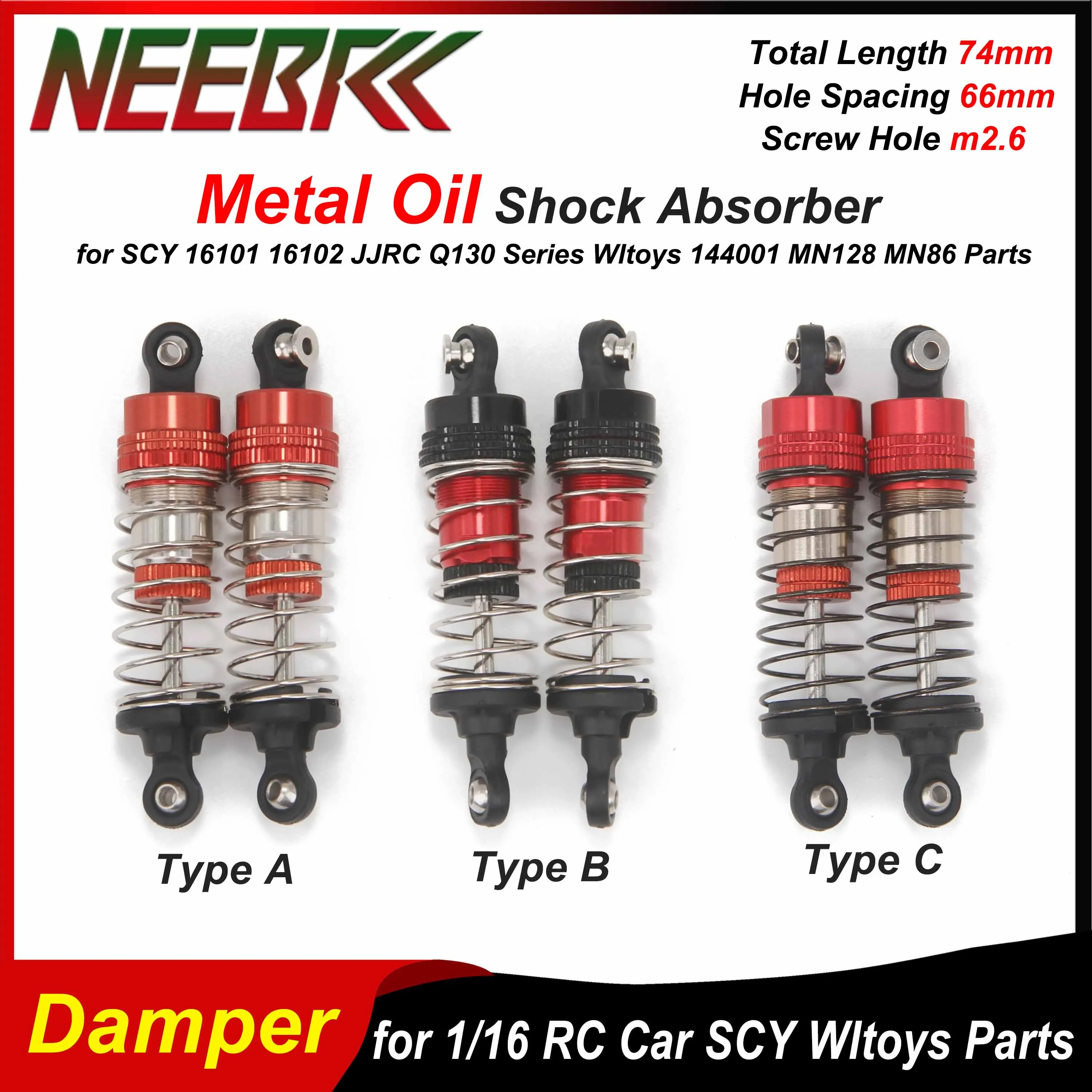 

74mm Metal Oil Shock Absorber for 1/16 RC Car SCY 16101 16102 JJRC Q130 Wltoys 144001 16103 MN128 MN86 MJX16208 16207 Parts