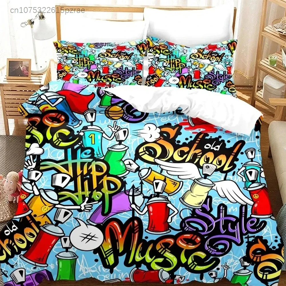 Cartoon Style Hip-Hop Graffiti Bedding Set 3D Printed Suitable For Bedroom Duvet Cover Set With Pillowcases Kids Home Textile