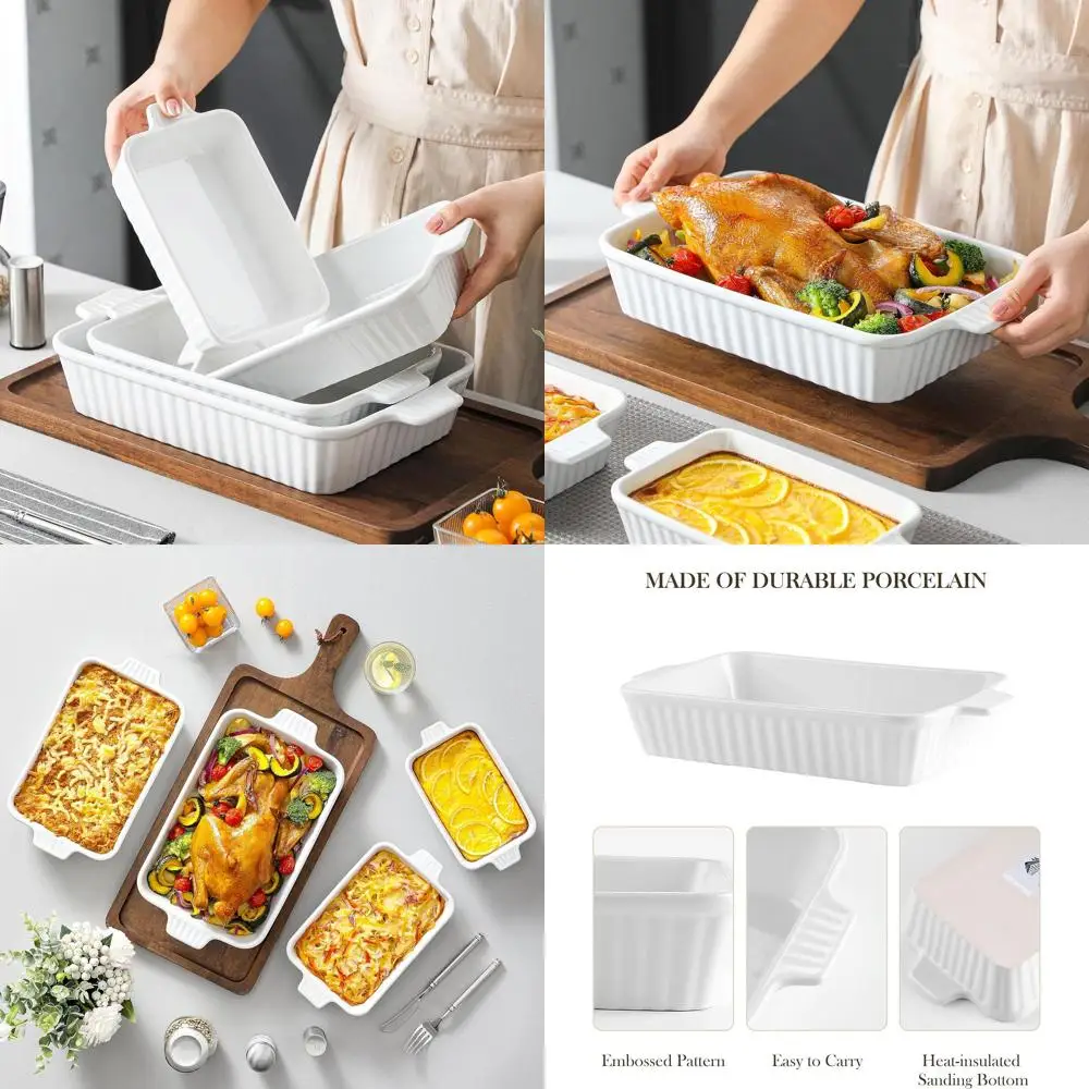 

Безопасный в духовке фарфоровый набор форм для выпечки, 4 керамические прямоугольные формы для лазаньи с ручками, белый (9,4-14,7)