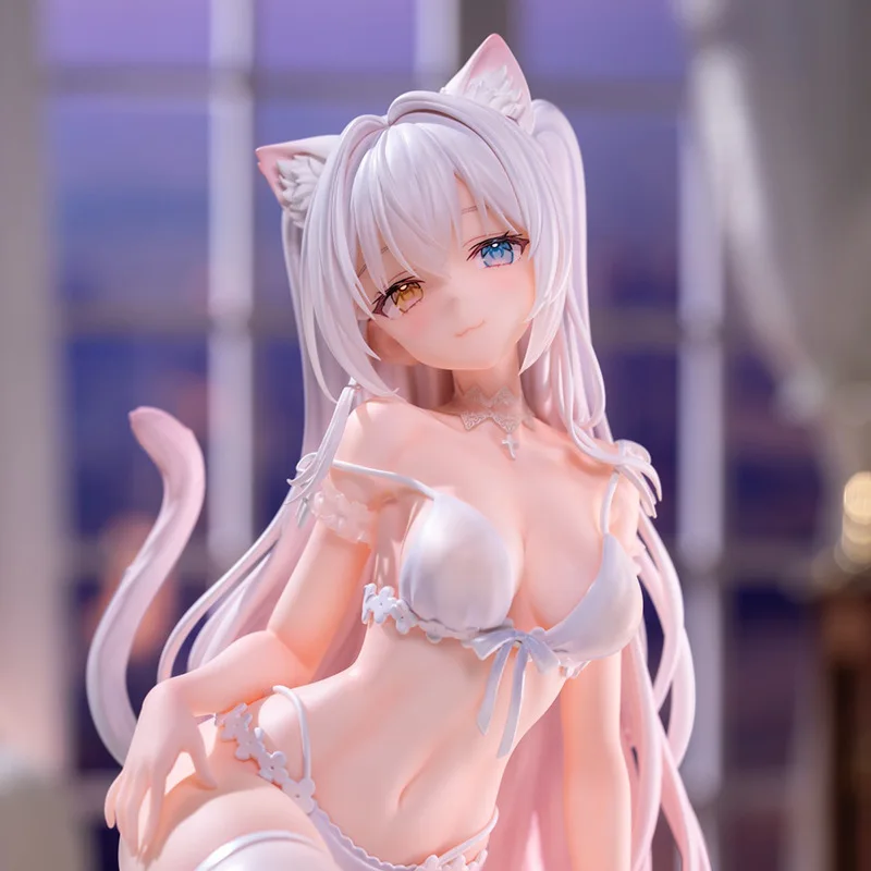 Figura de Anime Gata Hanna, Arte Original, Estatueta de PVC, Cabelo Branco, Pijama, Decoração para Gabinete de Computador, Para Colecionadores de Anime