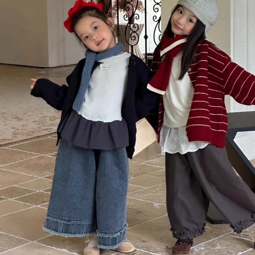 

Autumn Infant Baby Girl Set Solid Knit retro striped Kid Girl knitwear Round Neck Shirt Elastic Waist Toddler Girl Loose Jeans