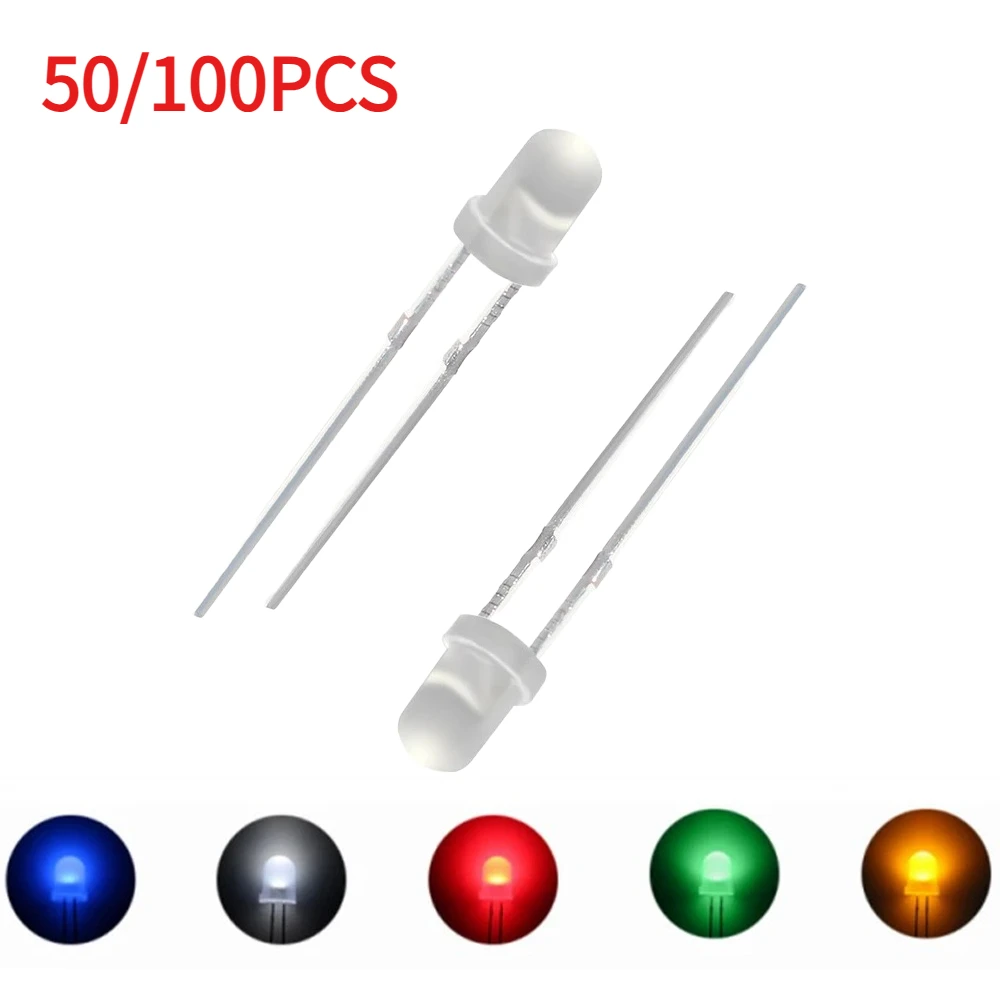 50-100pcs 3mm LED Fog Diffused F3 Light Emitting Diode Red Yellow Blue Green White 5 Colors LED Diodes Kit