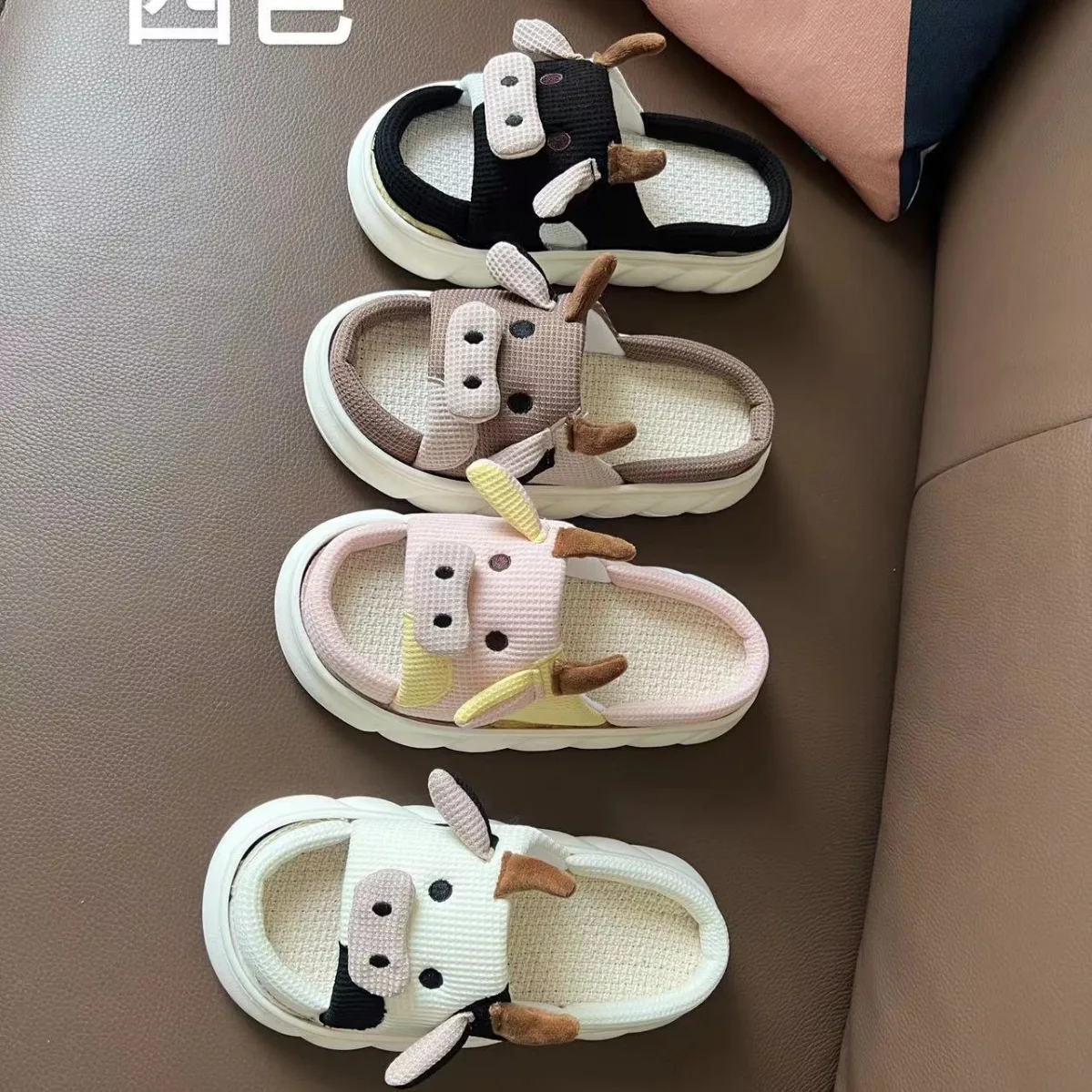 Cross-border export cute cartoon cow linen slippers spring & fall indoor home slippers non-slip men's and women's slippers