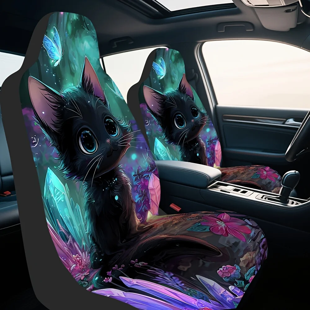 2pcs Cute Black Kitten Fantasy Art Print Car Seat Covers - Washable, Universal Fit For Cars, SUVs, Trucks - Elegant Floral & Kit