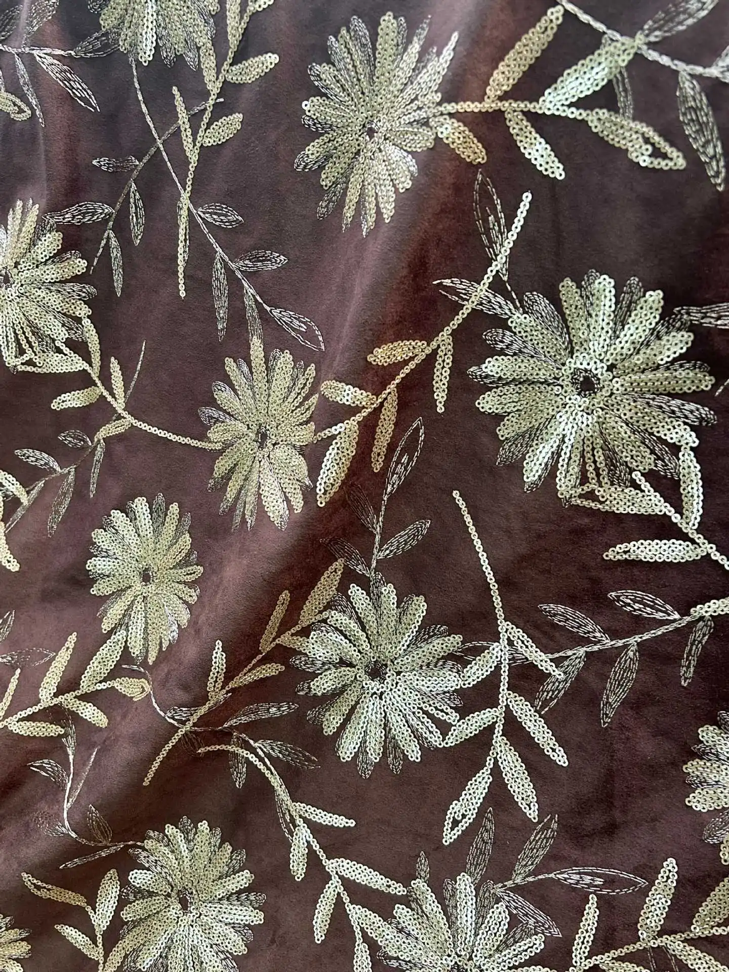 

Heavyweight golden sequin gold thread embroidered floral autumn winter fabric in amber color high-end clothing fabric