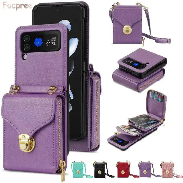 

For Samsung Galaxy Z Flip 3 Flip 4 Zipper Crossbody Wallet Case Flip 5 Coque Women Metal Buckle Leather Card Holder Phone Cover