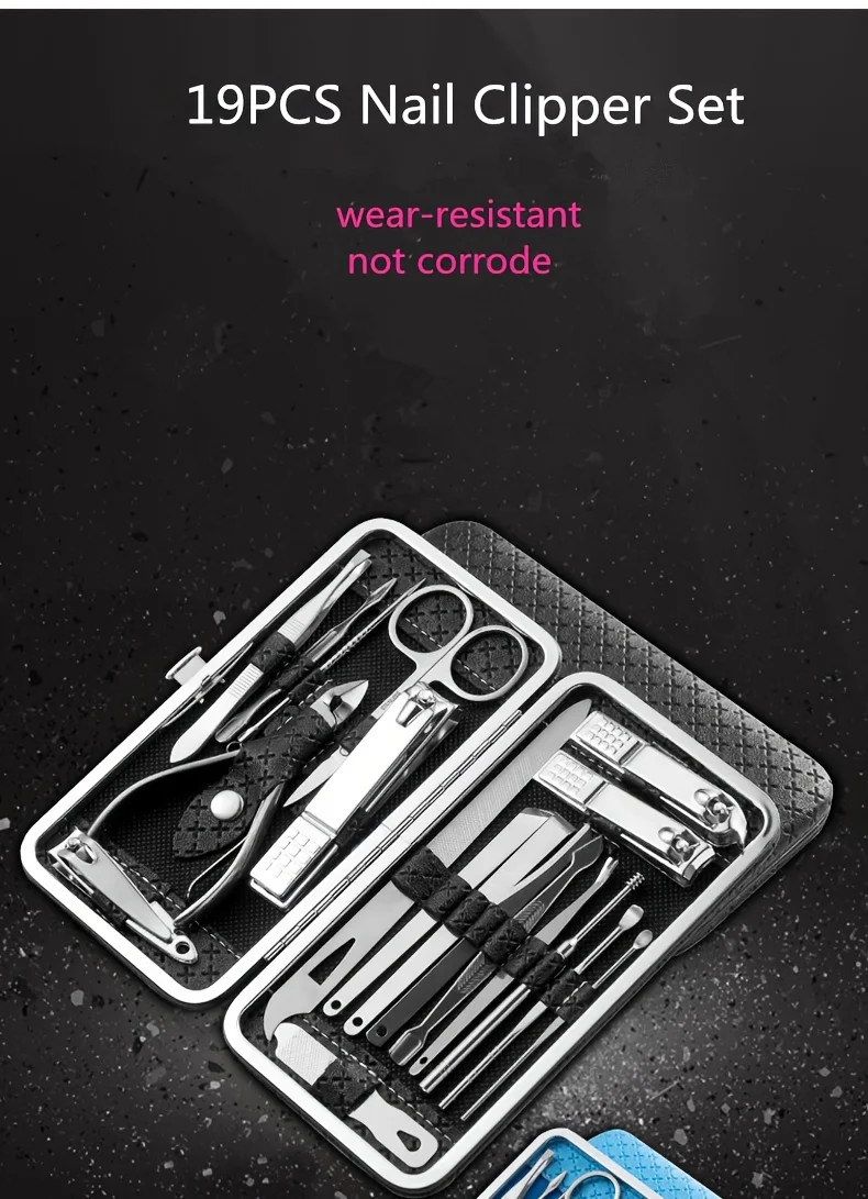 19-teiliges Nagelknipser-Set aus Edelstahl, diagonale Nagelknipser, Pediküre-Set, Ohrenreiniger, Löffel, Nagelkunst-Set – Detail 1