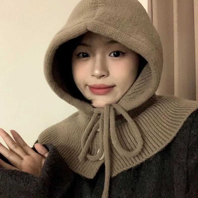 1pc Knitted Hooded Neck Warmer Integrated Balaclava Hat Drawstring Windproof Ear Protection Scarf Hat Autumn Winter Headwear