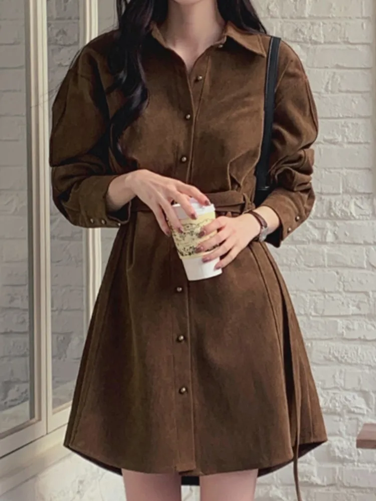 ربيع الخريف الدانتيل يصل قميص فستان المرأة الكورية سليم فستان بكم طويل النساء فساتين السيدات Vestidos #3