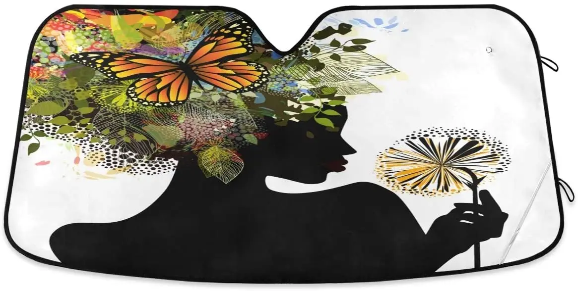 Black Afro Girl Butterfly Flowers Car Windshield Sun Shade African American Woman Sunshade Blocks UV Rays Protector Keep Your Ve