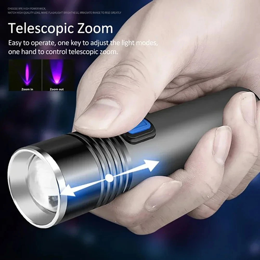 UV Flashlight Blacklight Zoomable Torch Lamps USB Charging Ultraviolet Flashlights Pet Urine Detector Hunting UV Light