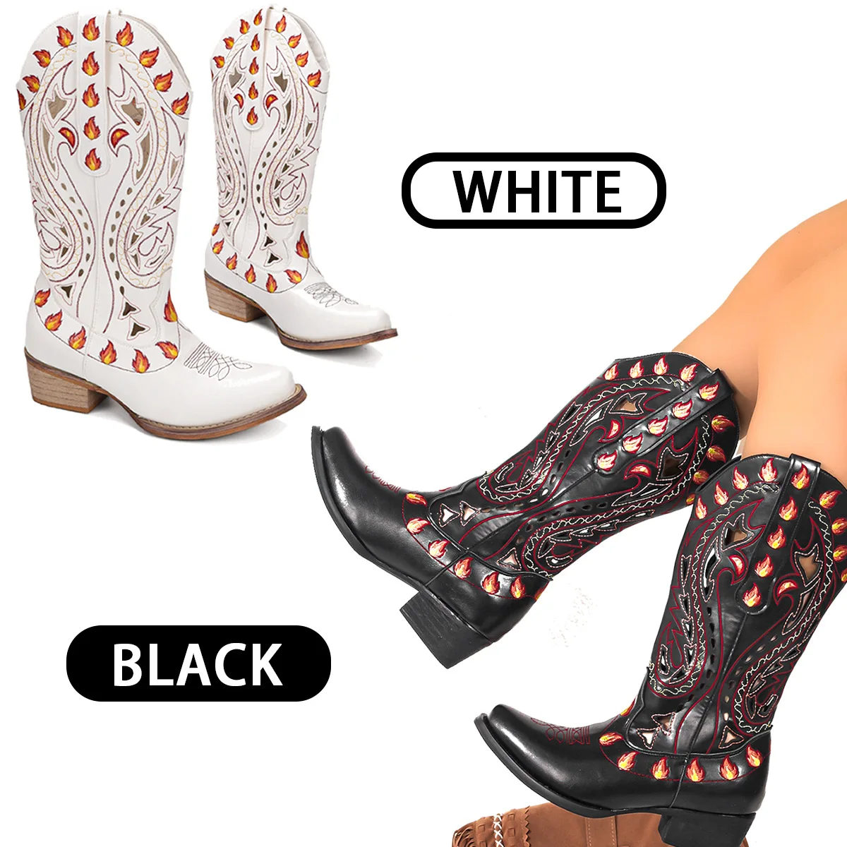 

Black Mixed Red Western Cowboy Boots For Women Small Square Toe Embroidery Mid-Top Boats Thick Mid Heels Ladies Large Size 35-45