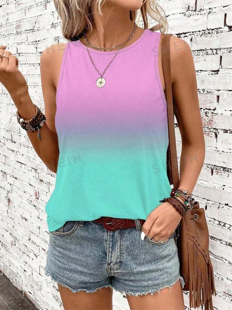 Gradual Color Print Women's Casual Tank Top Street Fashion Women's Crew Neck Tank Top Summer Outdoor Beach Sleeveless T-shirt