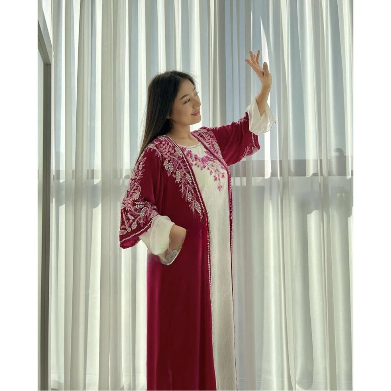 Luxury Velvet Bedded Crystal Work Moroccan Dubai Kaftan Wedding Dress