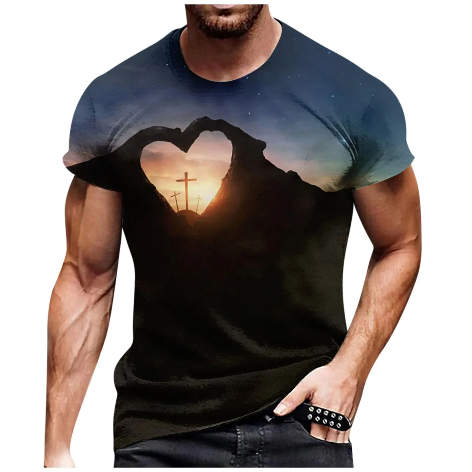 European And American Cross Print Short Sleeve Round Neck T-Shirt Top Ropa Para Caballero VêTements Homme мужская одежда