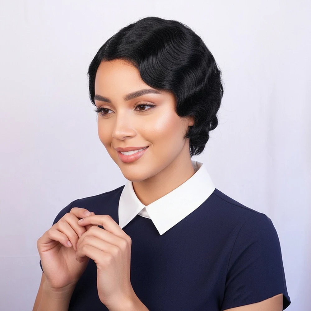 

13×4×1 Парик из натуральных волос на кружеве с боковой частью, парик с стрижкой пикси, волна на палец с челкой для женщин, парики из натуральных волос Bazilian Remy, бесклеевые человеческие волосы