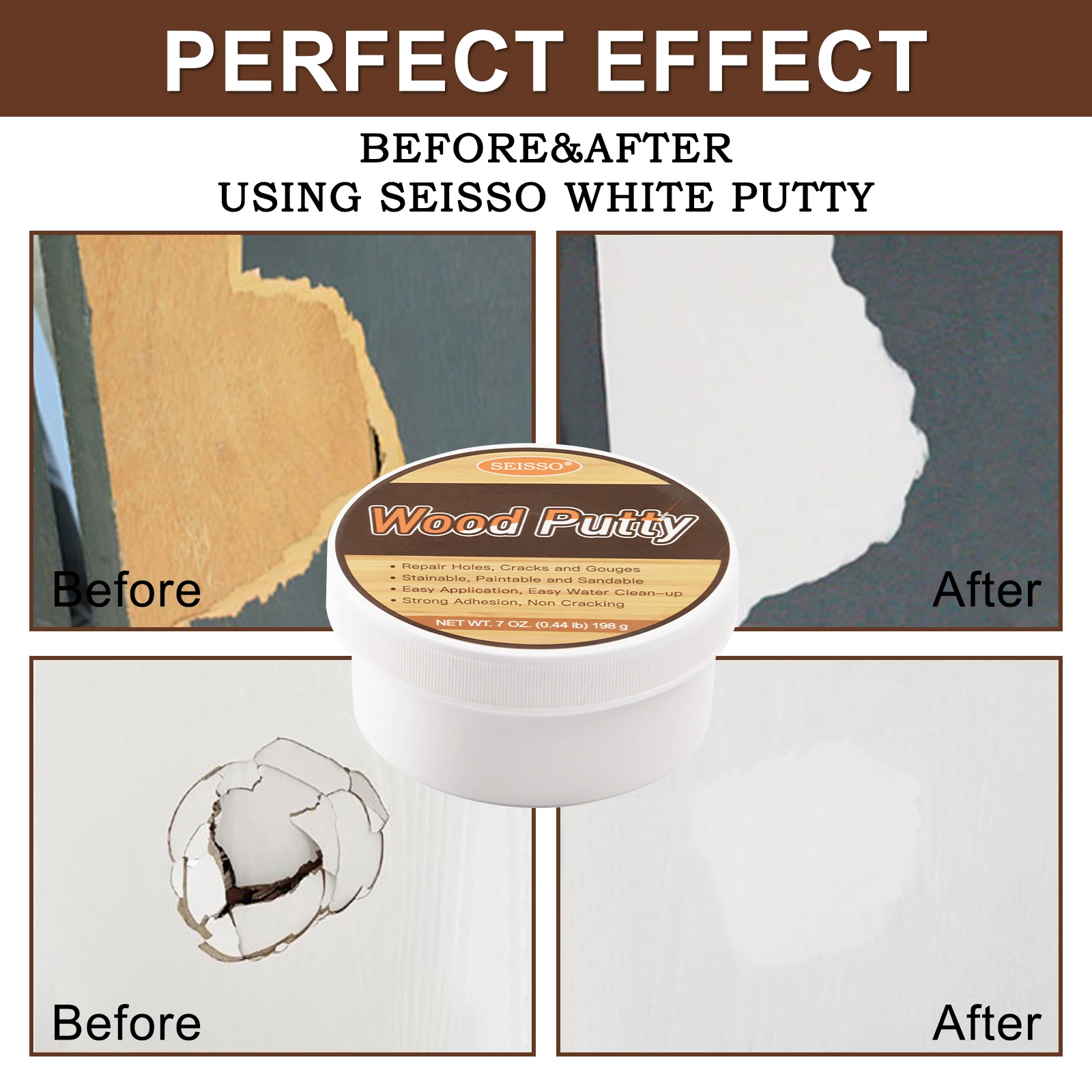 SEISSO Wood Putty, Water-Based Wood Filler, White Wood Putty for Trim, Wood Filler Paintable, Stainable, Wood Furniture Repair