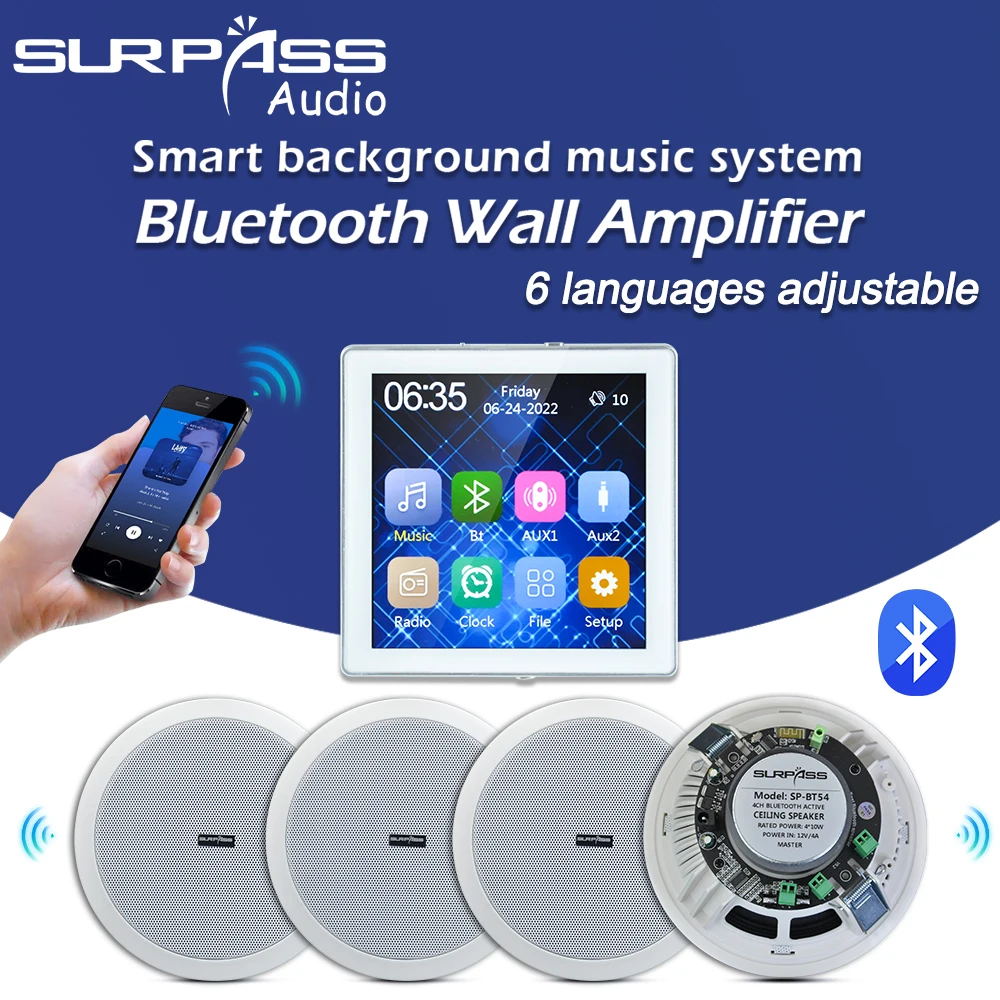 

4''HD screen Bluetooth Wall Amplifier with Doorbell FM Radio AUX Input Remote Control for Mus. Player Active Ceiling Speaker Kit