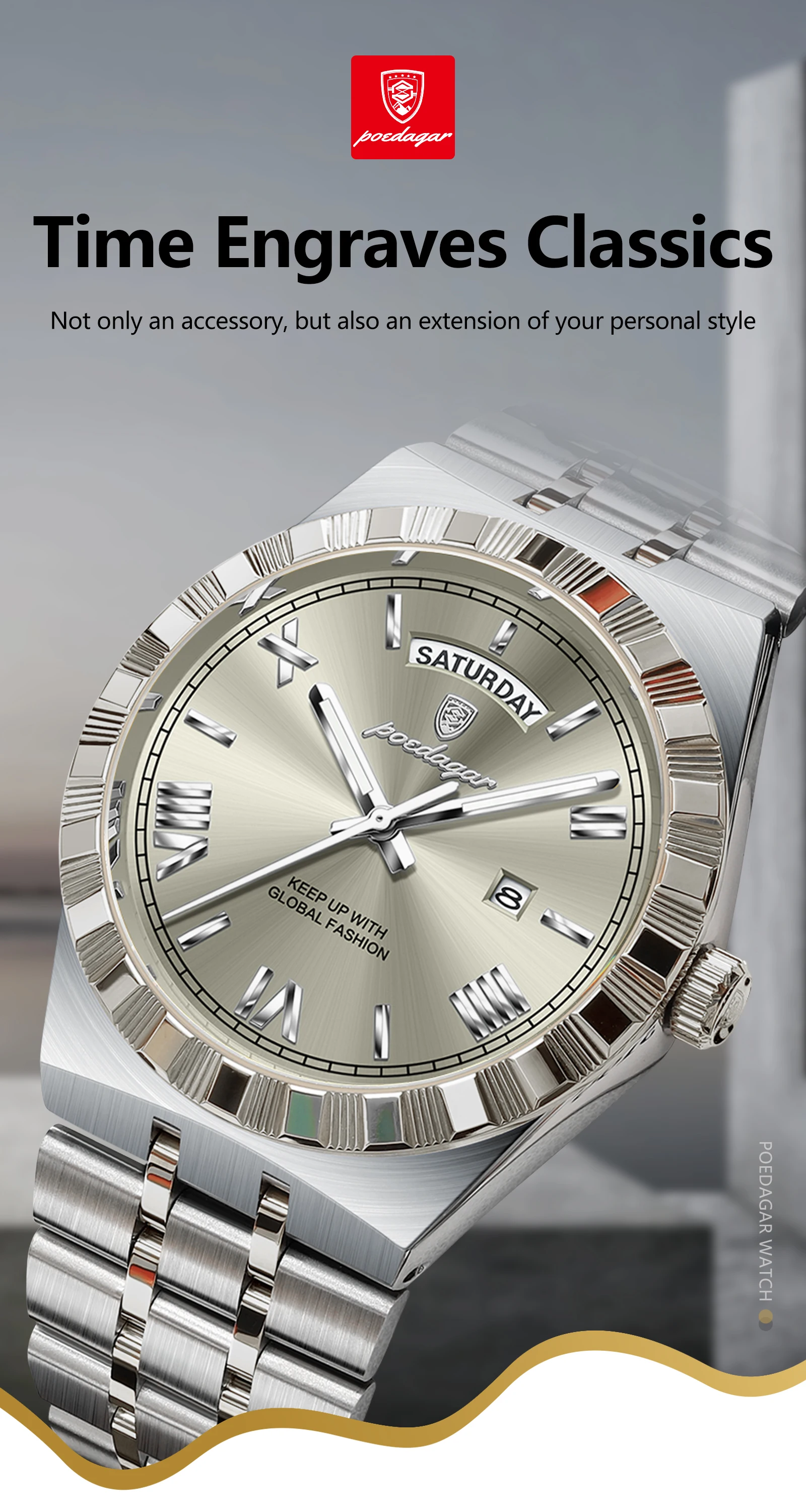 POEDAGAR Luxus Business Mann Uhr Woche Datum Wasserdicht Leuchtende Uhren Für Männer Edelstahl Quarz Mode männer Armbanduhr – Detail 2