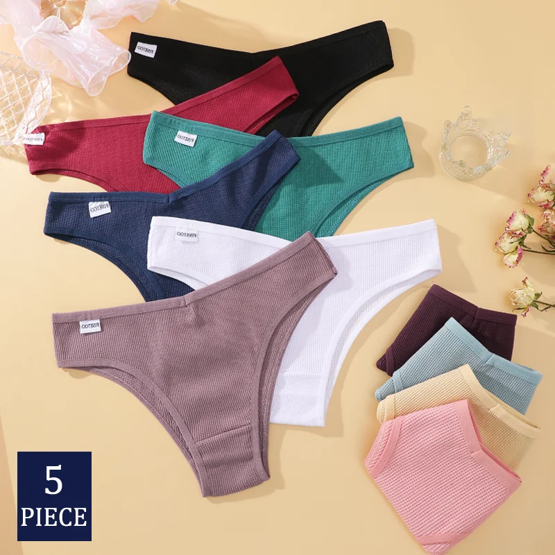 

5 шт./компл. женские хлопковые трусики в вафельном стиле, бразильские трусы S-XL, женское хлопковое нижнее белье, удобное мягкое женское белье