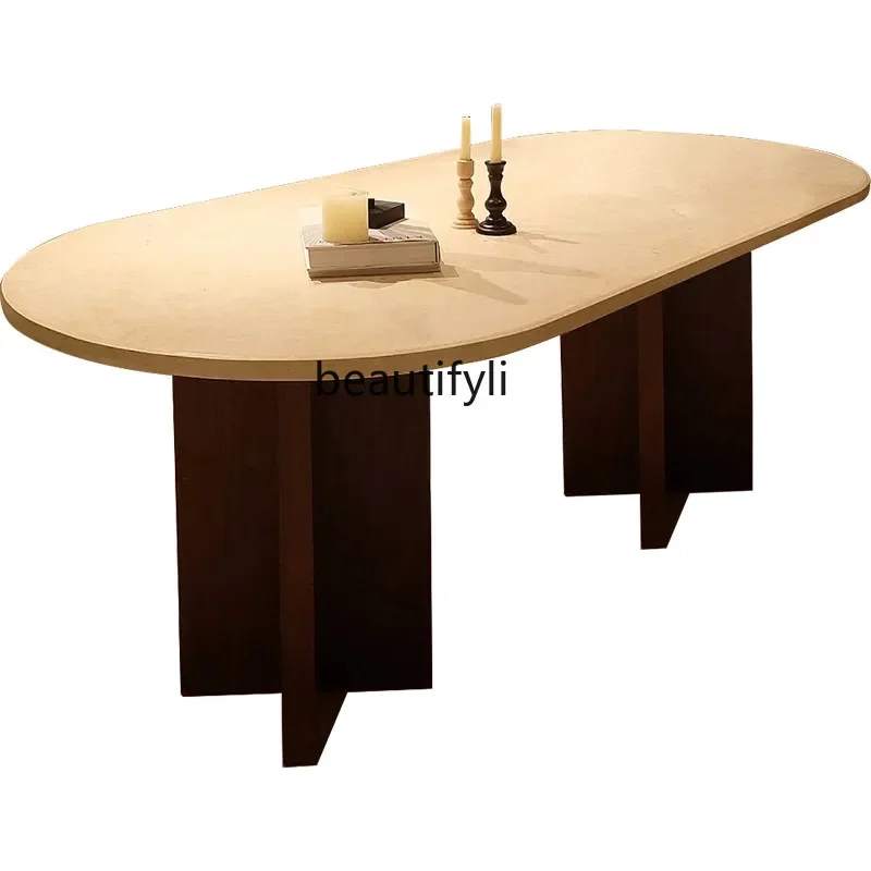 

Medieval travertine rock slab dining table oval living room solid wood dining table retro French home