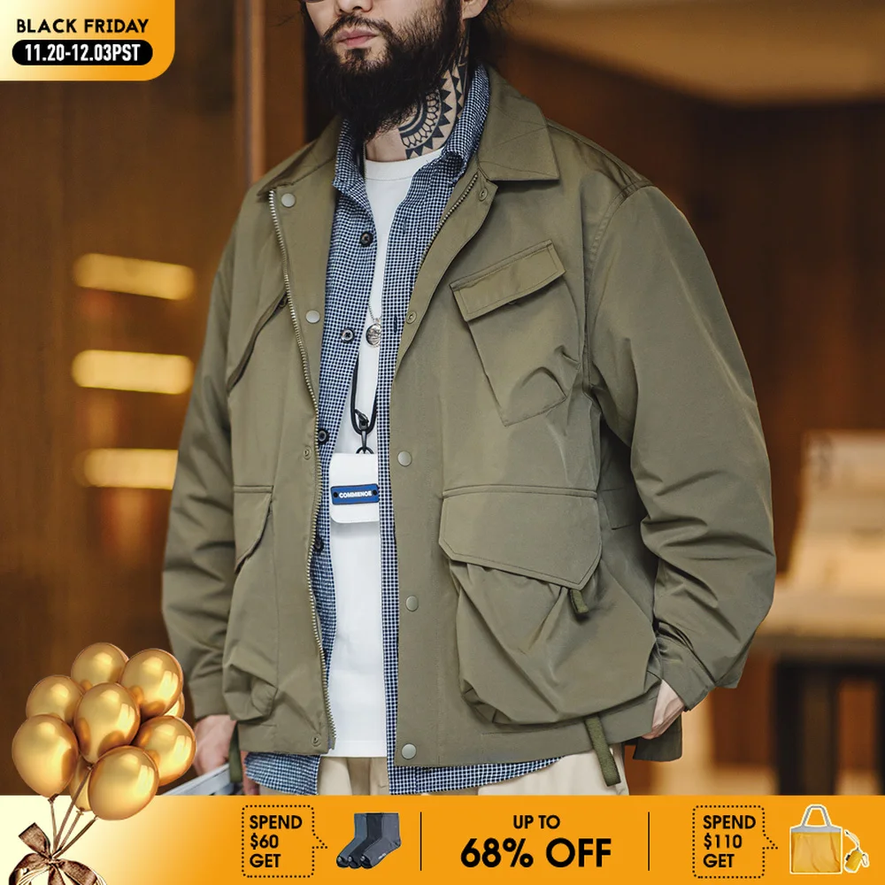 

Maden Men's Urban Outdoor Large Pockets Green Jackets Amekaji Camping Loose Casual Lapel Jacket Windbreak Hiking Coats
