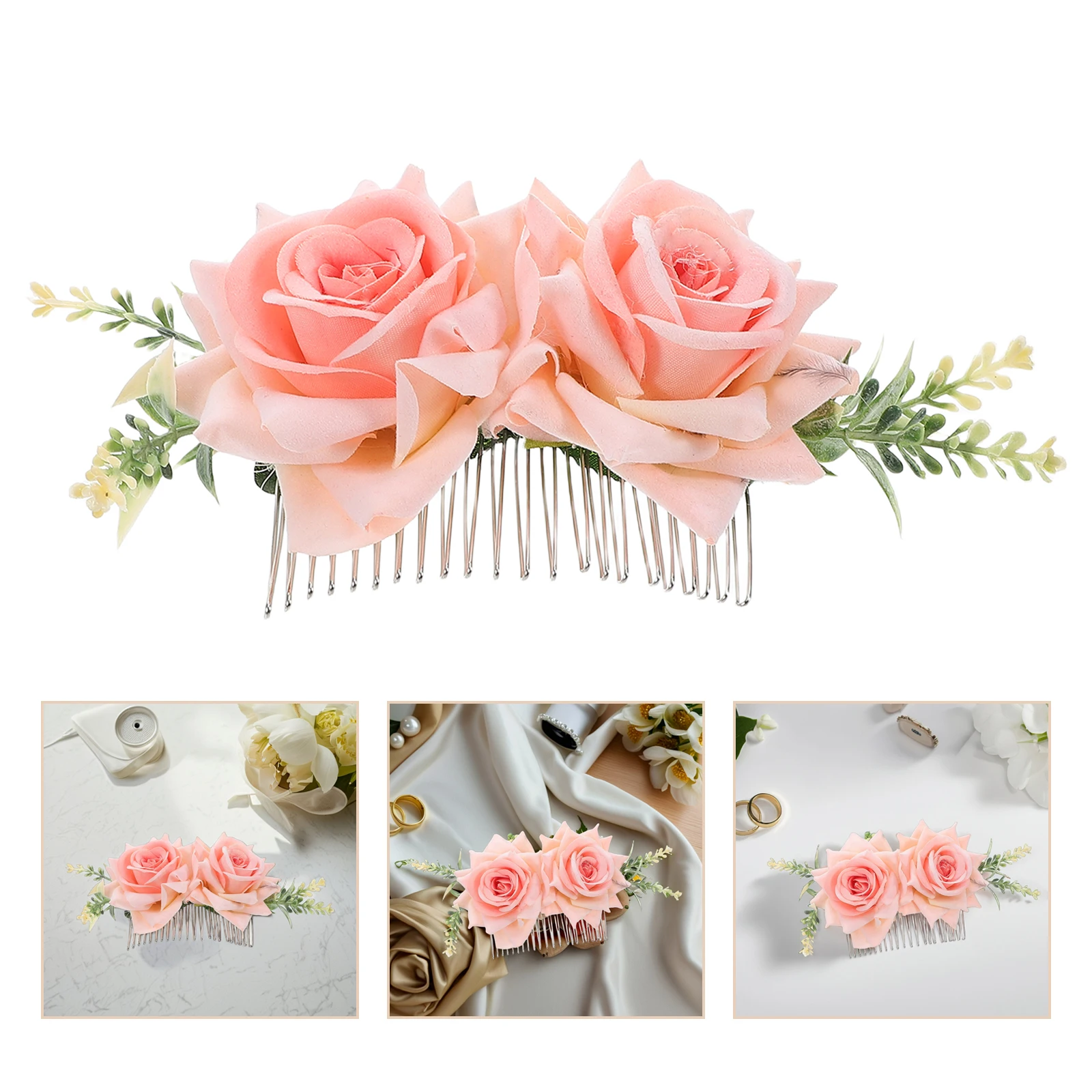 

Artificial Flower Hair Comb Pink Decorative Floral Hairpins For Bridal Wedding Party Durable Lightweight Metal Teeth Versatile