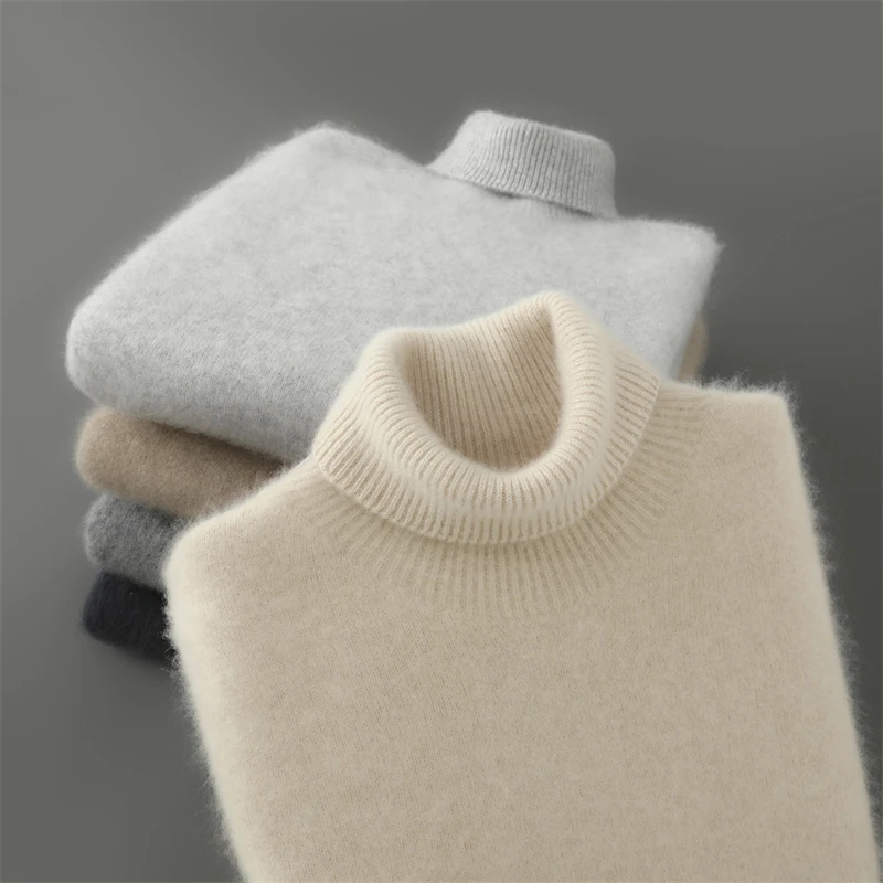 Men Fall Winter Turtleneck Sweater Knitted Soft First Line Ready to Wear Clothing Jumpers Basic 100% Wool Pullovers for 2025