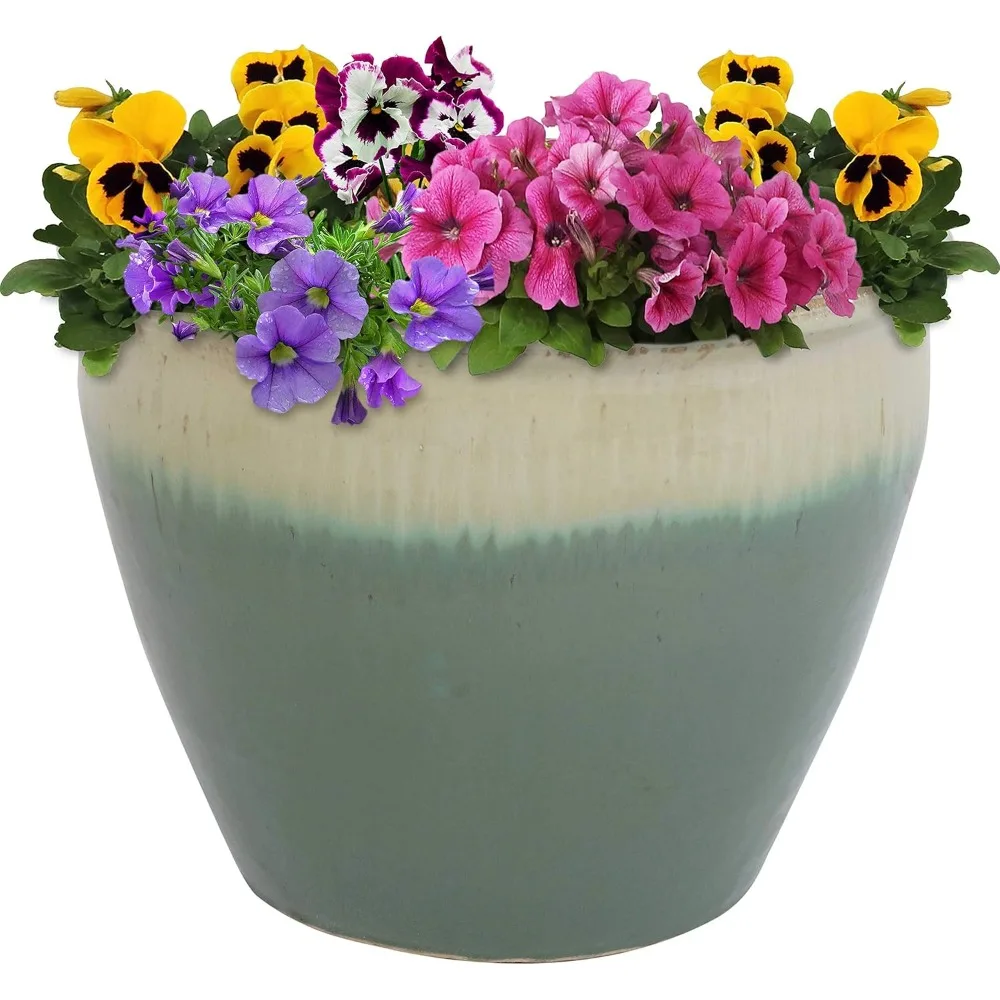 Chalet 15-Inch Outdoor Ceramic Planter - UV- and Frost-Resistant - Seafoam Glaze Finish