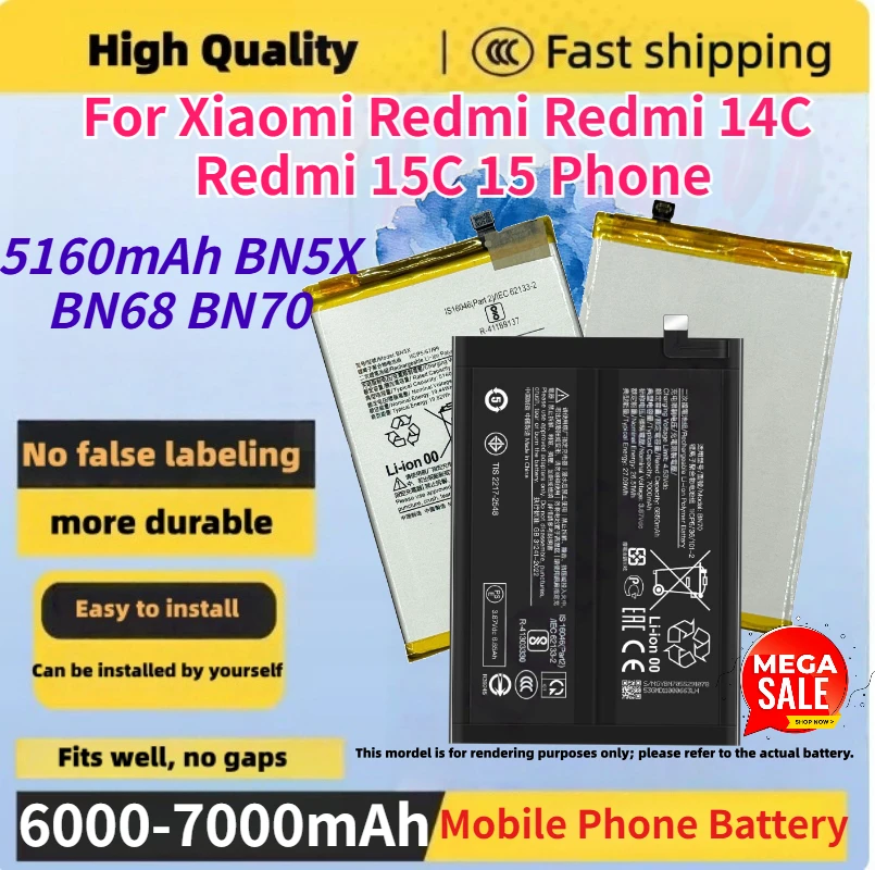 

Brand New BN5X BN68 BN70 Mobile Phone Battery for Xiaomi Redmi 14C/Redmi 15C 15 Phone Replacement Batteries+Tools