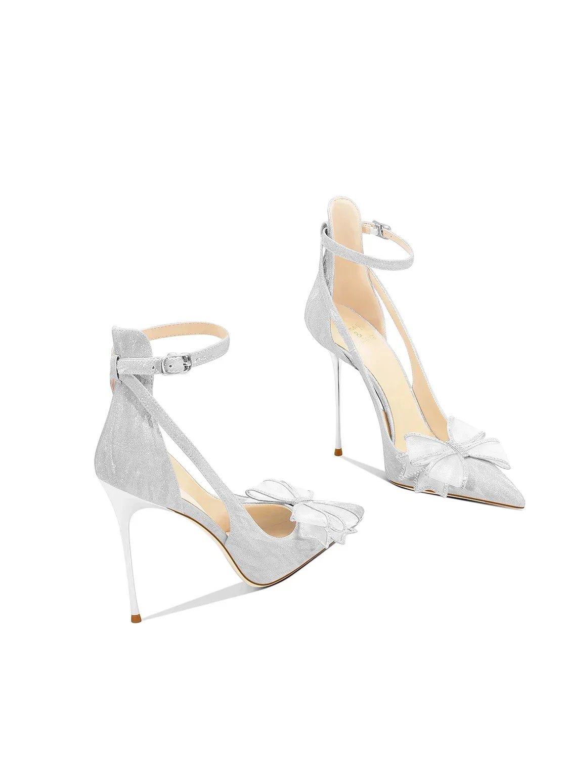 

2025 Spring and Autumn New Silver Glitter Bow Princess Style Pointed Fine Heel Dress High Heels