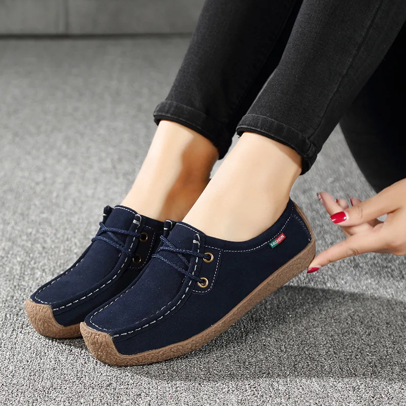 New Women Flats Shoes Leather Sneakers Lady Moccasins Suede Leather Flats Female Casual Walking Footwear Comfortable Loafers