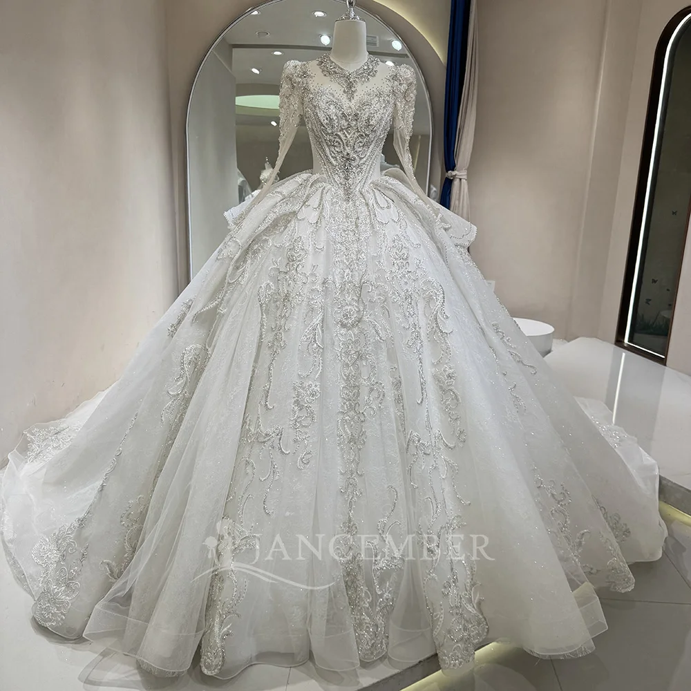 

Винтажные свадебные платья с круглым вырезом, блестящая органза, с длинными рукавами, свадебное платье цвета слоновой кости, платье принцессы невесты, индивидуальное платье de novia