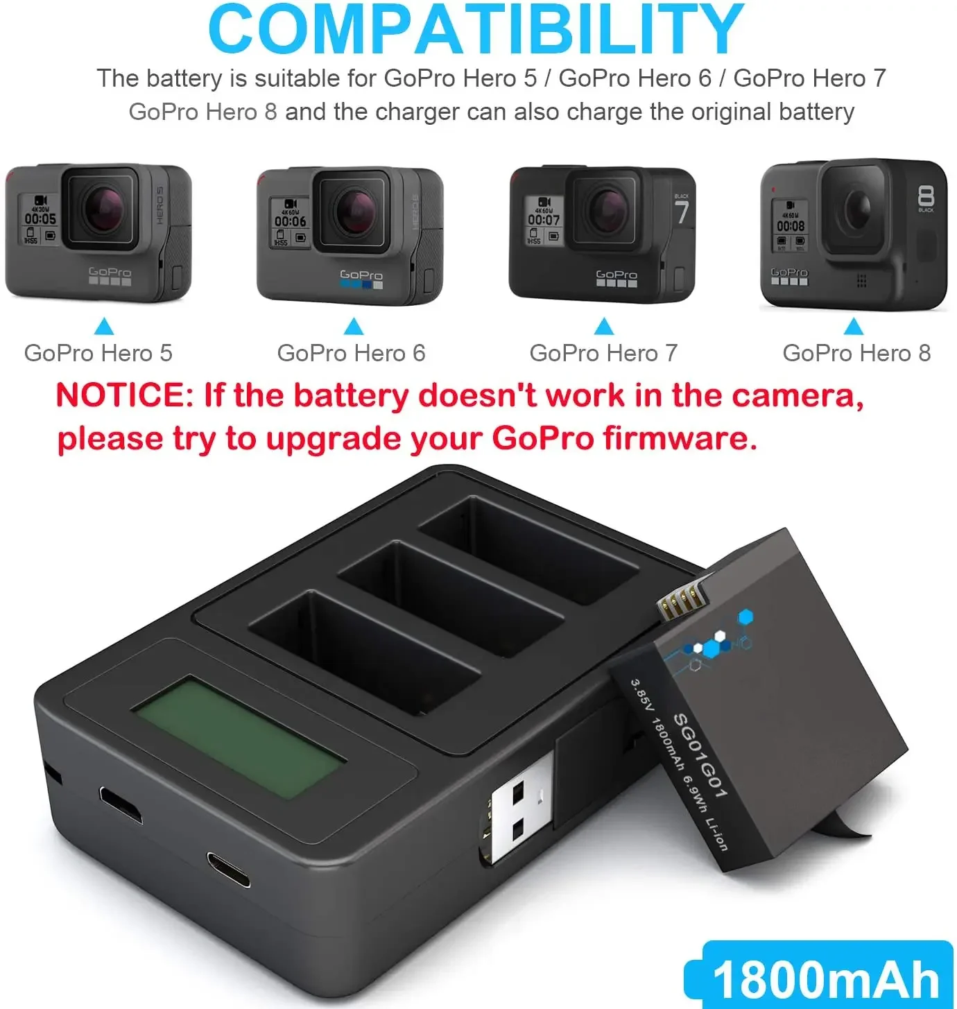 1800mAh GoPro Battery or USB Accurate Display Charger for GoPro Hero8 Hero7 Hero6 Hero5 Black GoPro Camera Accessory