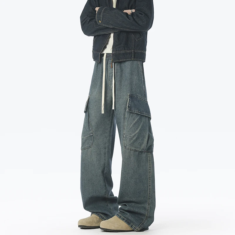 جديد ربيع خريف 2026 سراويل جينز زرقاء مغسولة للرجال سراويل واسعة الساق غير رسمية فضفاضة تناسب ملابس الشارع الشهير مع جيوب #3