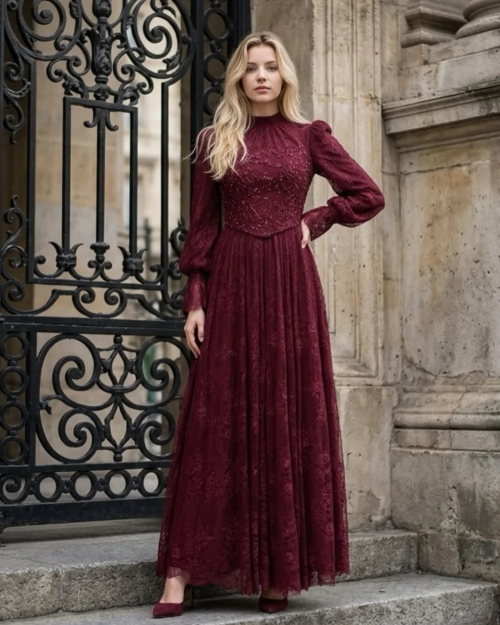 

Customized High Quality Women Lace Rhinestone Ruched A-Line Evening Dresses Classic High Collar Long Sleeves Long Prom Dresses