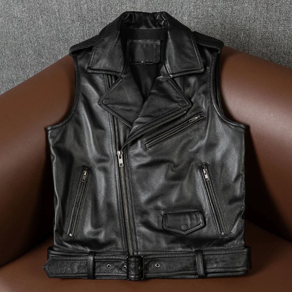 Motorcycle Biker Genuine Leather Vest Black Cowhide Rider Vest Leather Sleeveless Clothes Asian Size Wholesale