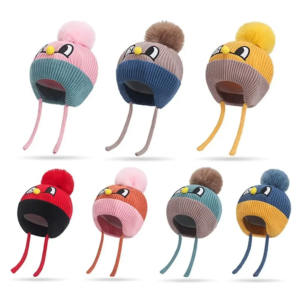 Cute With Earflaps Knitted Baby Hat Plush With Rope Ear Protection Cap Lining Warm Soft Beanies Earflap Hat Boys Girls