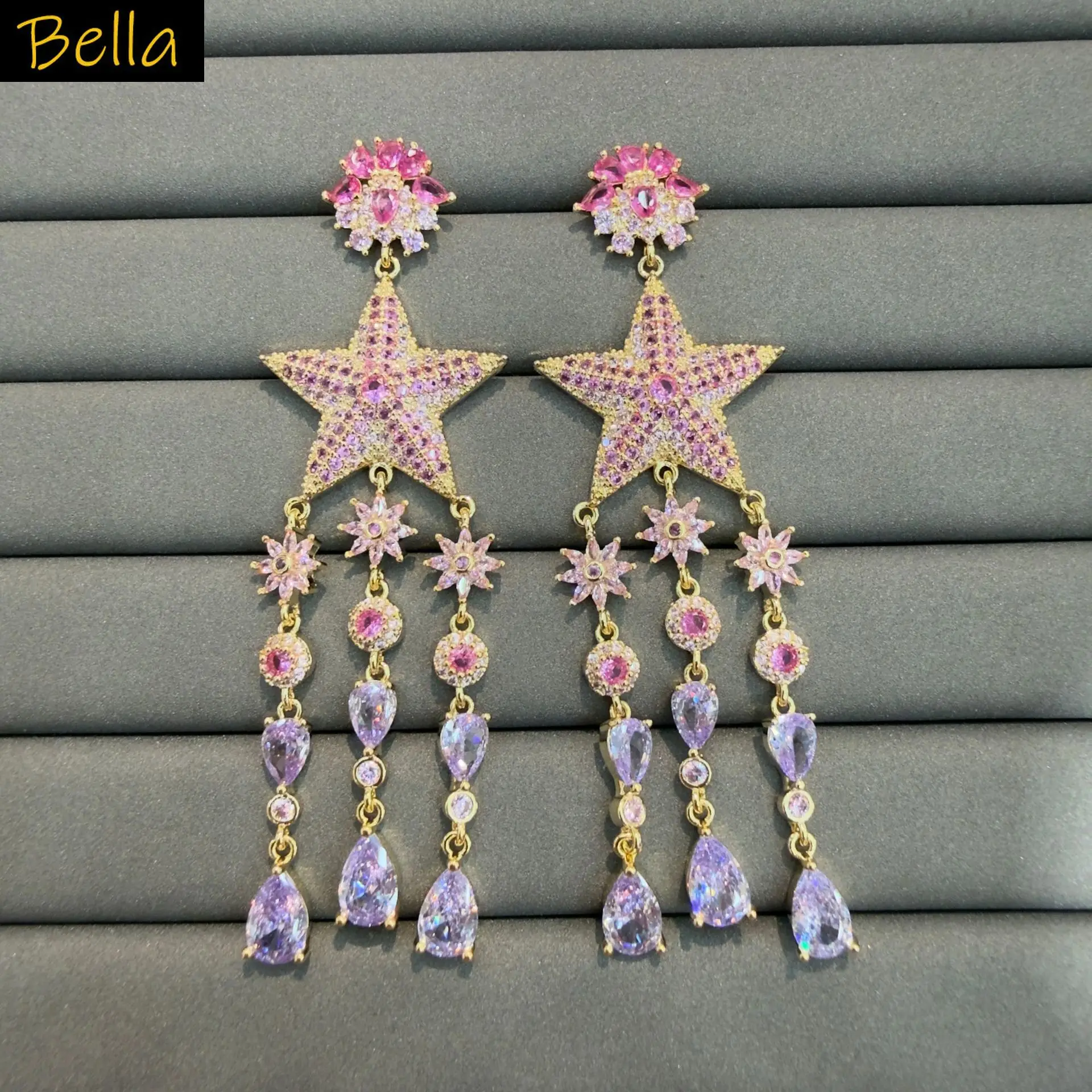 

Ornate Starburst Zircon Tassel Earrings Statement Jewelry for Night Party Sparkling Long Dangle Earrings for Women Gala Event