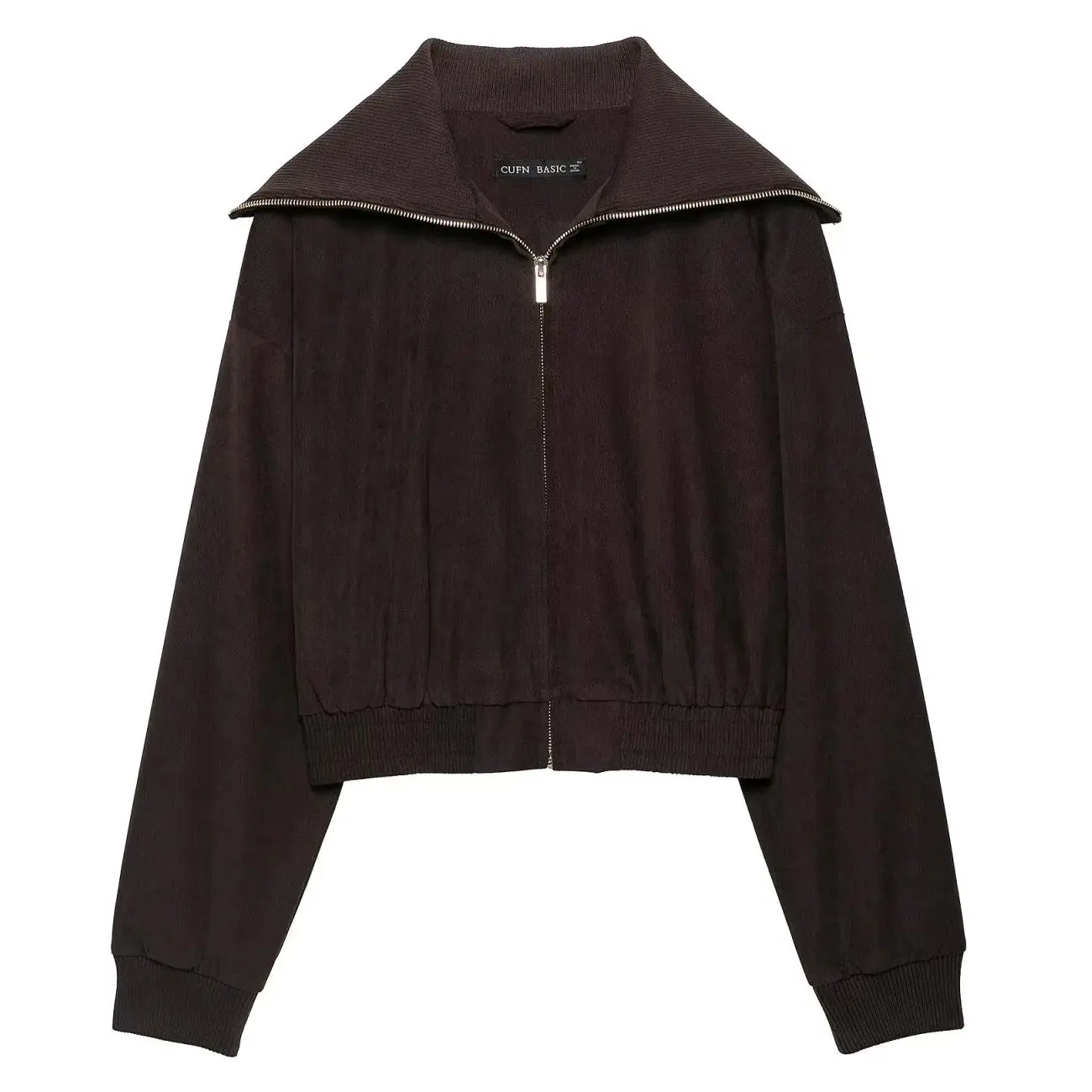 2026 Autumn Women's Vintage Coffee Zipper Sport Short Cropped Jackets Lady High Street Slim Fit Turn-down Collar Coats Outerwear