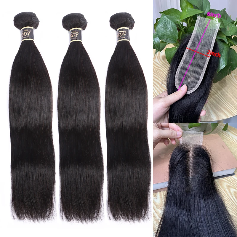 Mechones de cabello humano liso con cierre de parte profunda, extensiones de cabello brasileño virgen con cierre de encaje transparente 2x6