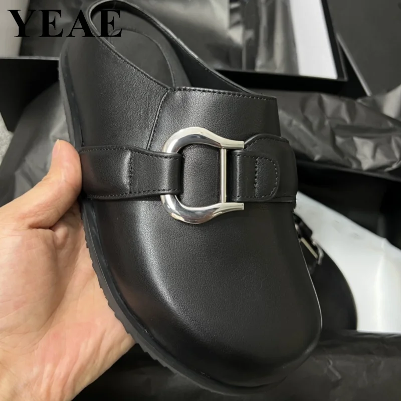 

Fashion Women's Leather Mules Slippers Buckle Strap Round Toe Sandals Thick Sole Outdoor Beach Slides Platform Home Shoes 2024