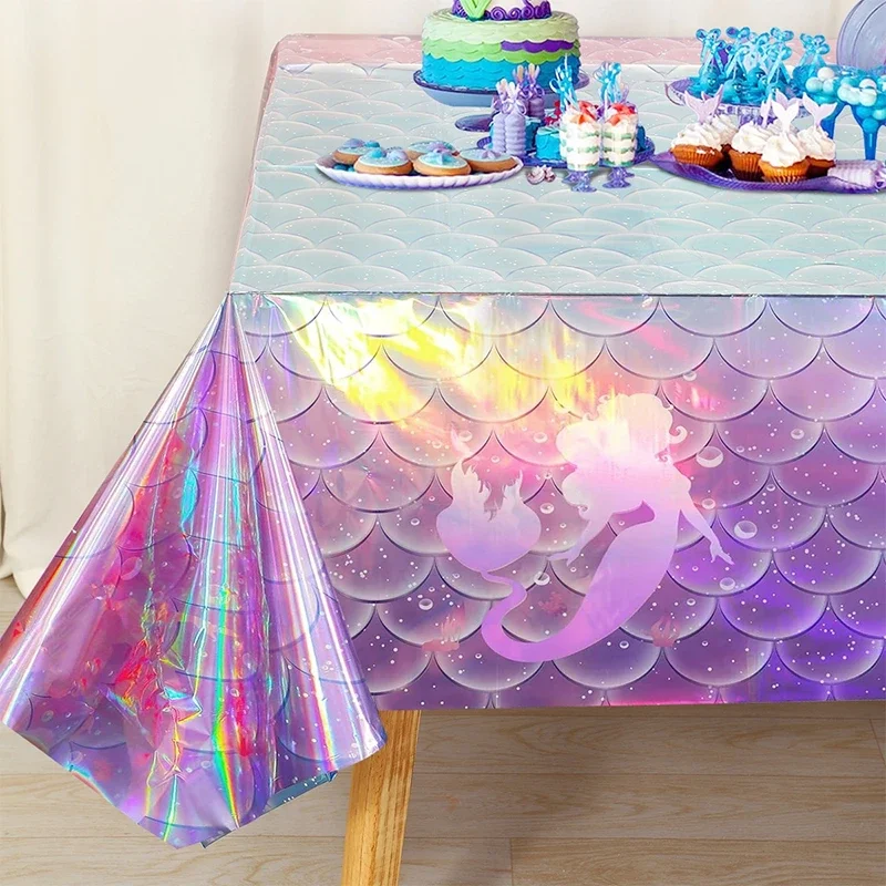 Mermaid Laser Plastic Tablecloths,Mermaid Iridescence Table Cloths for Girls Birthday Wedding Disco Mermaid Themed Party Decor